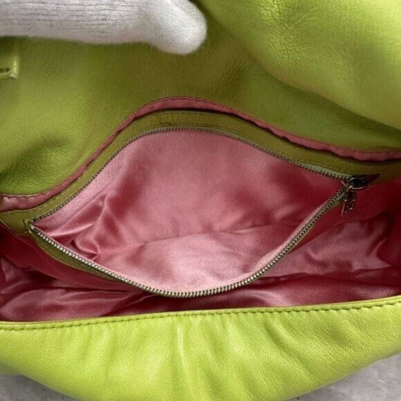 Authentic FENDI Mamma Bucket Baguette Lime Green Lambskin Flap Bag Purse - Picture 11 of 12
